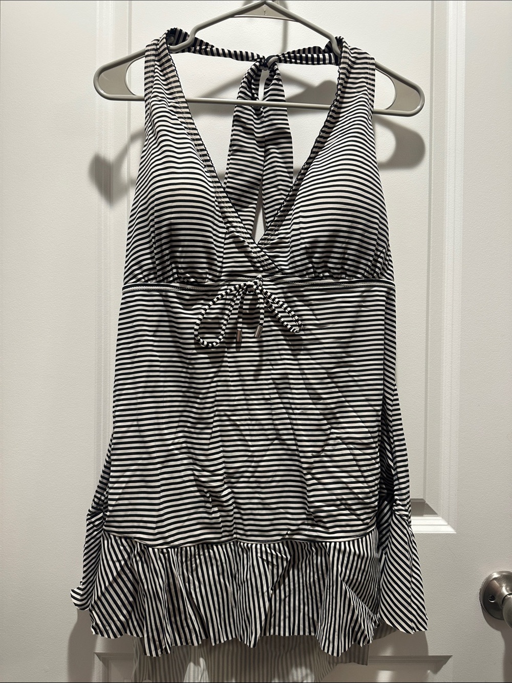 Striped Black & White Halter Tank Top with Ruffle Hem
